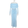 Off Shoulder Mesh Pleated SocialiteElegant Micro Transparent Slim Fit Maxi Dress