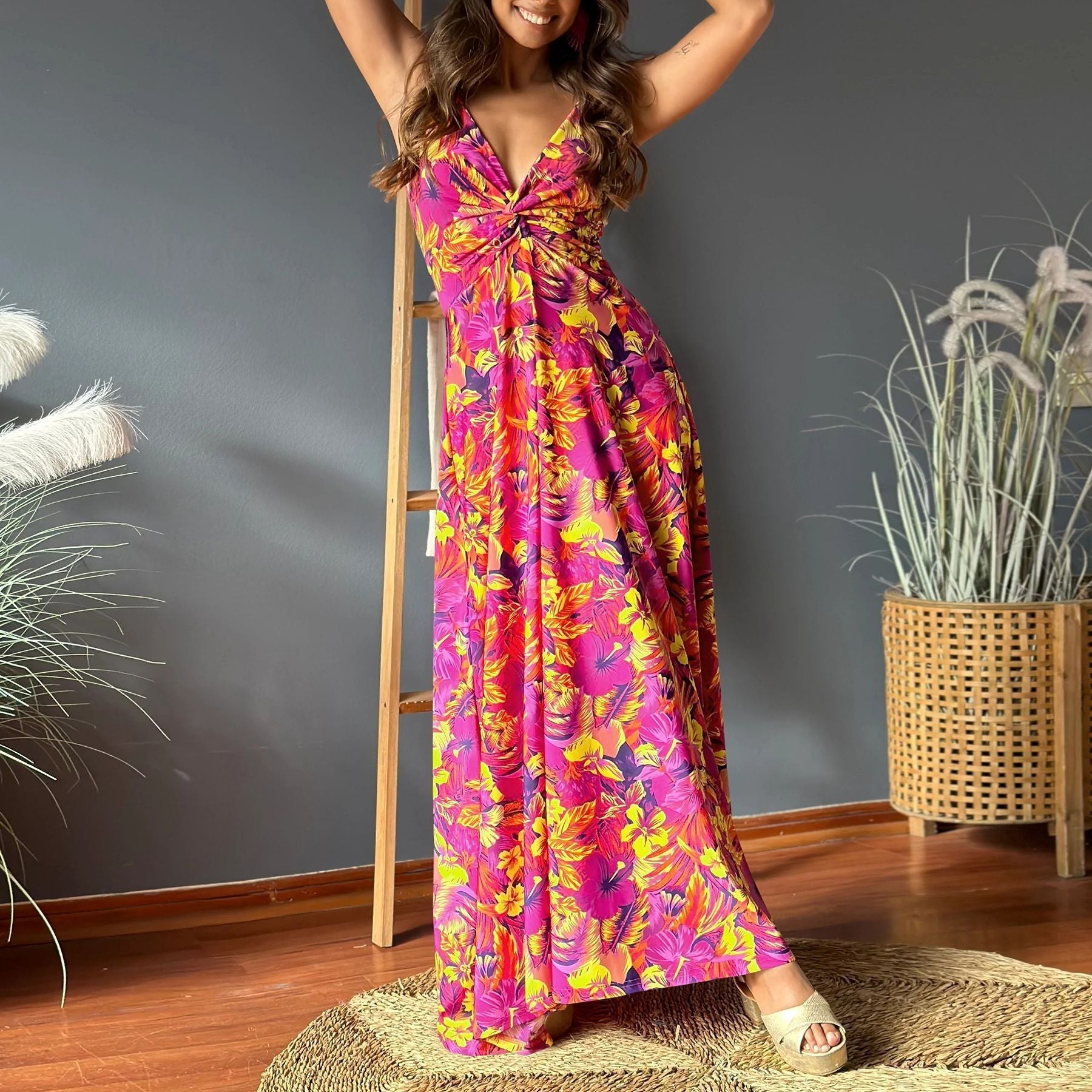 Wear V Neck Brace Printing Elegant A Swing Maxi Dress