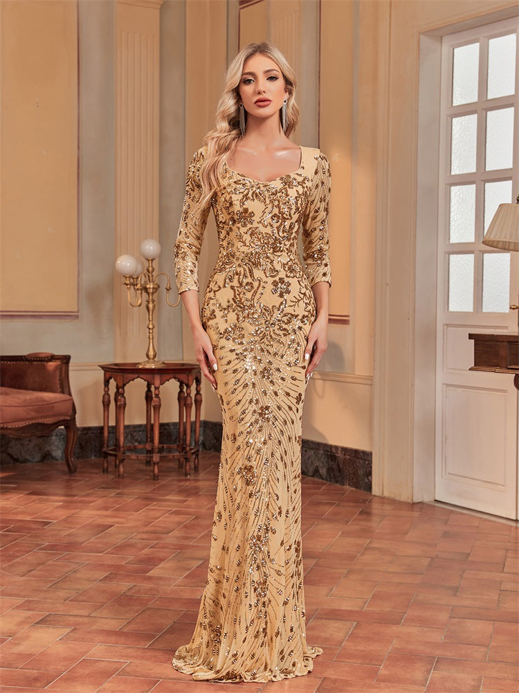 Long Sleeve Dress Heavy Work Maxi Dress Fishtail Sequin Slim Fishtail Bridesmaid Cocktail Evening Dress
