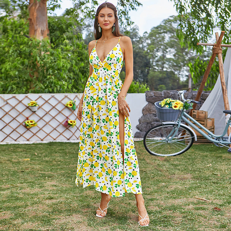 Floral Strap Dress Deep V Plunge High Slit Backless Maxi Dress Rural Sweet Vacation