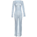 Wear Personality Round Neck Slim Fit Maxi Dress See Through Long Sleeves Dress