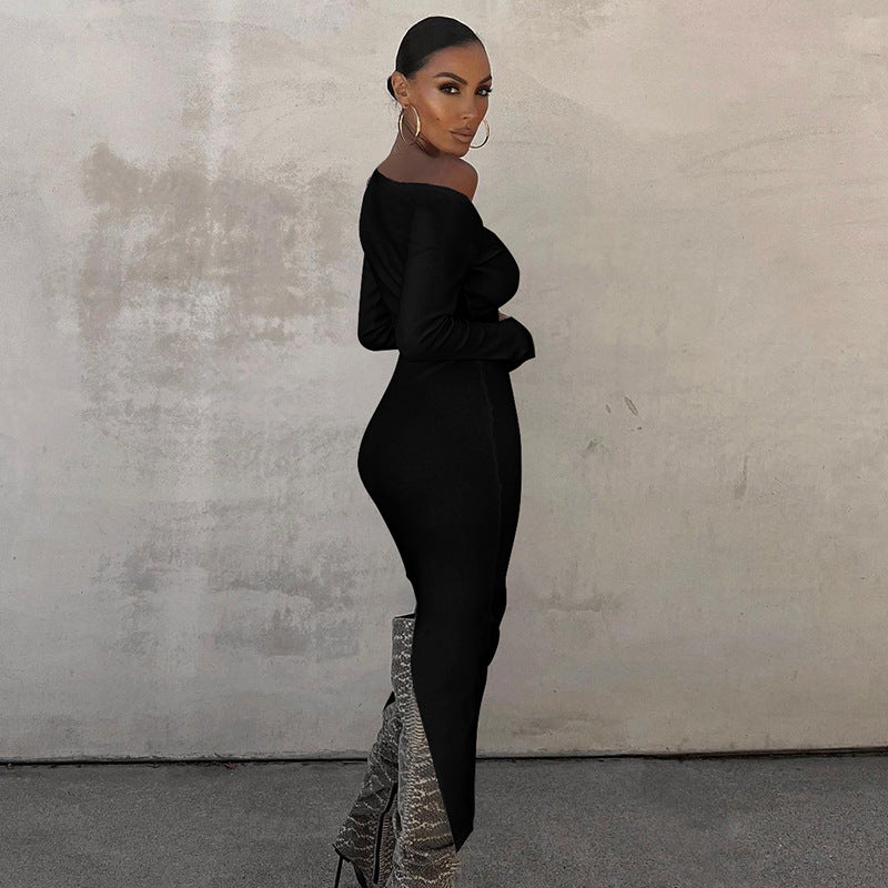 Solid Color Irregular Asymmetric Shoulder Back Slit Maxi Dress
