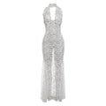 Elegant Lace Hollow Out Cutout out Halter Maxi Dress Backless Solid Color Dress