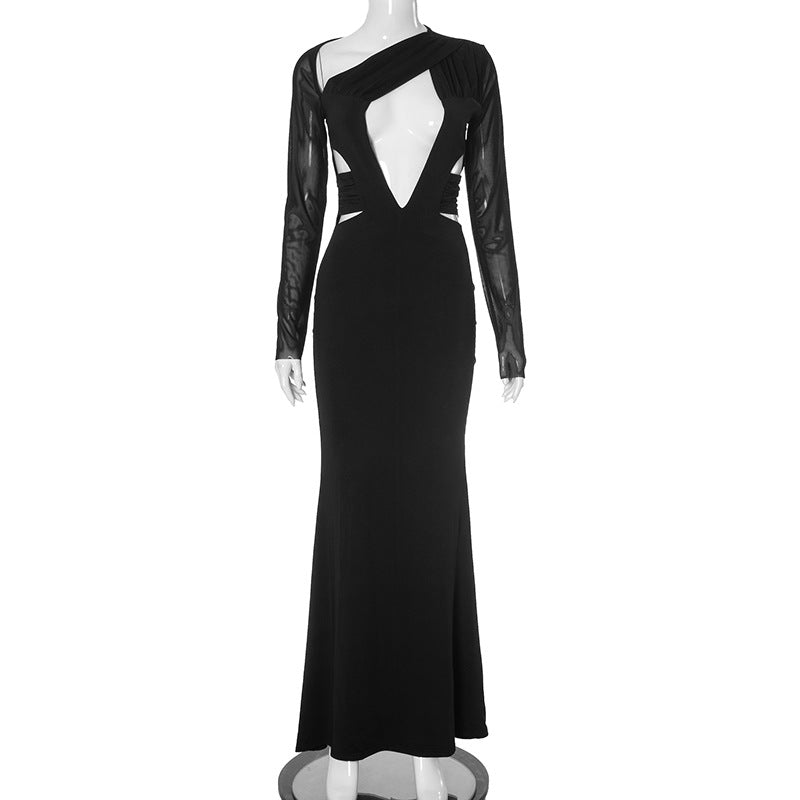 Fall Mesh Stitching Long Sleeves Cutout Waist Slimming Maxi Dress