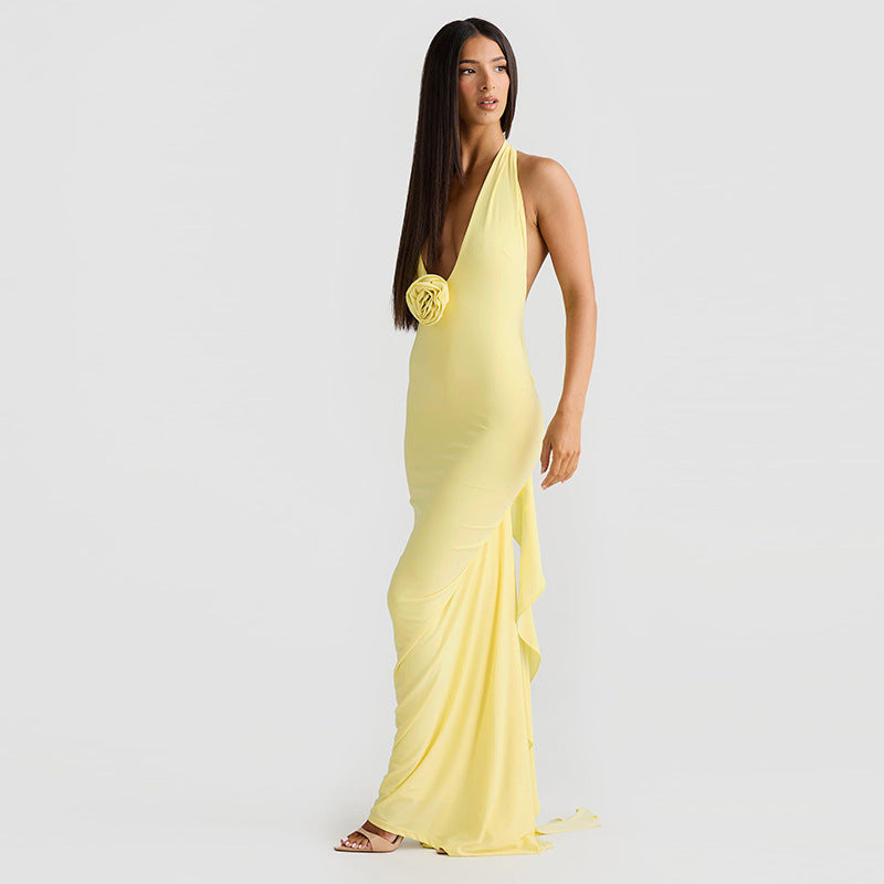 French Big Backless Maxi Dress Slim Halter Dress
