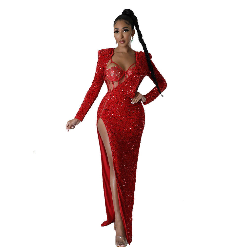 Solid Color Sequ Slit Maxi Dress Including Jumpsuit Two Piece Set Dress