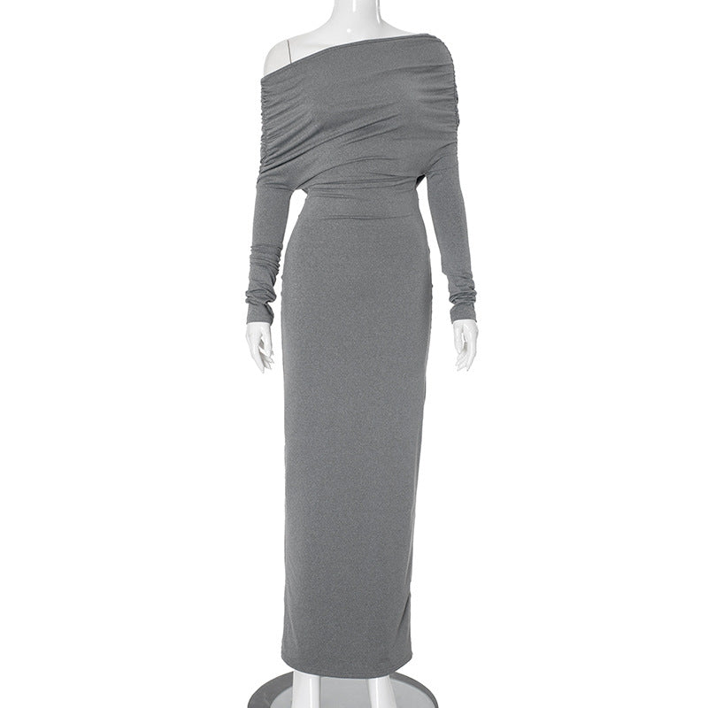 Solid Color Diagonal Collar Drop Shoulder Long Sleeve Waist Tight Maxi Dress