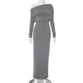 Solid Color Diagonal Collar Drop Shoulder Long Sleeve Waist Tight Maxi Dress