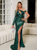Sequ Dress High Grade Dress Diagonal Collar Hollow Out Cutout High Slit Maxi Dress