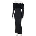 Maxi Dress Elegant off Shoulder Fur Collar Slim Fit