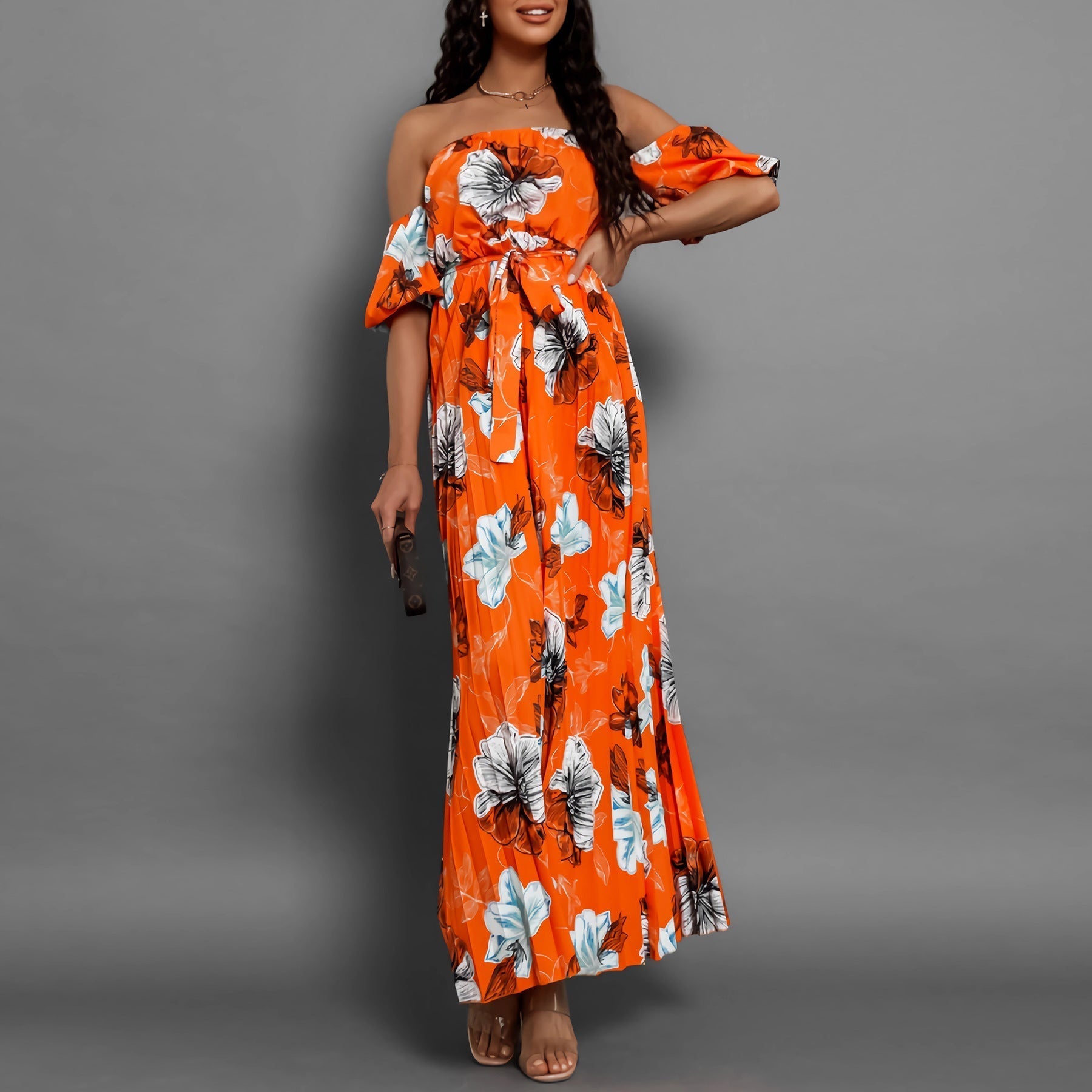 off Neck Pleated Printed Slip Shoulder Sleeve Floral Print Maxi Dress