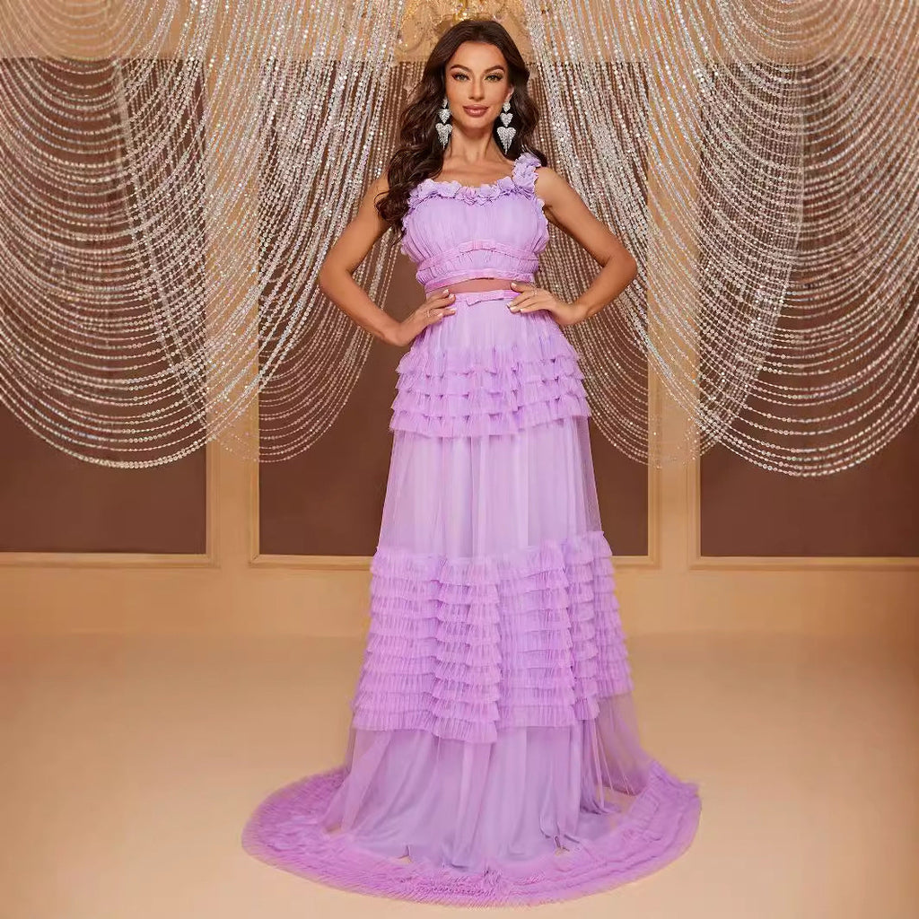 Lace Sling Maxi Dress Sleeveless Cake Multi Layer Stitching Elegant Dress