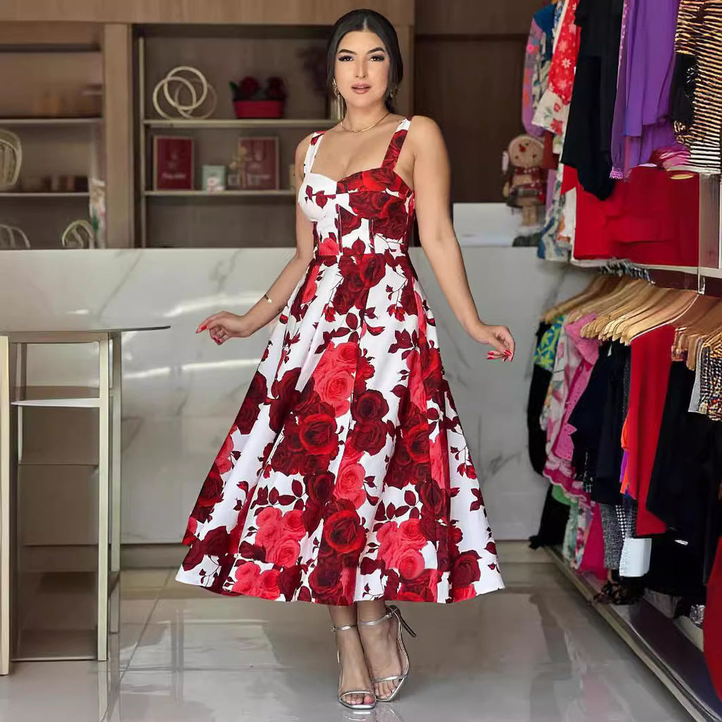 Sling Red Rose Printed Maxi Dress Elegant Dress