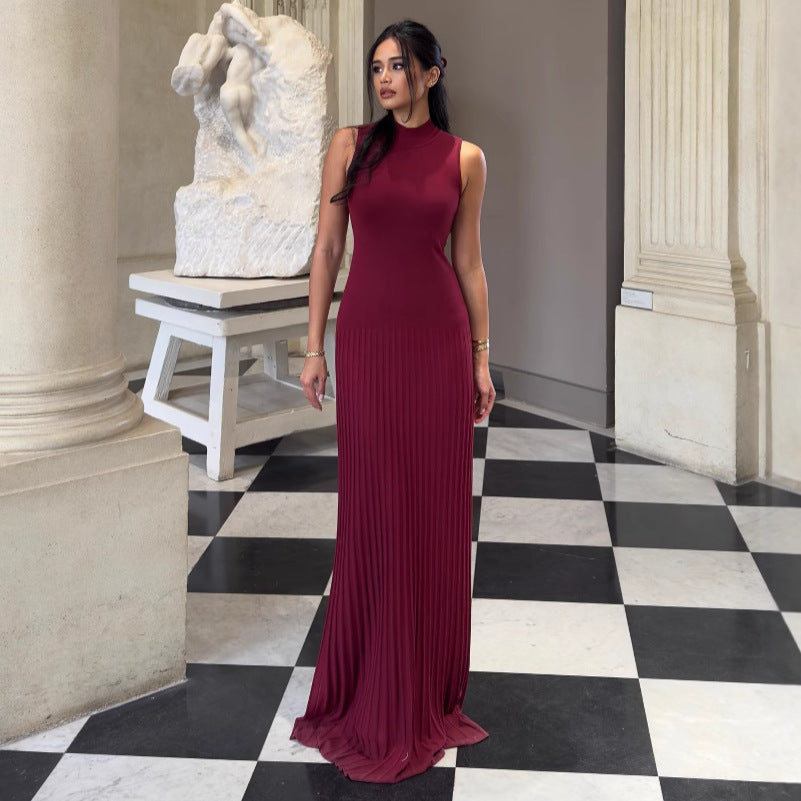 Half Turtleneck Sleeveless Knitted Maxi Skirt Solid Color Pleated Skirt Tight Maxi Dress