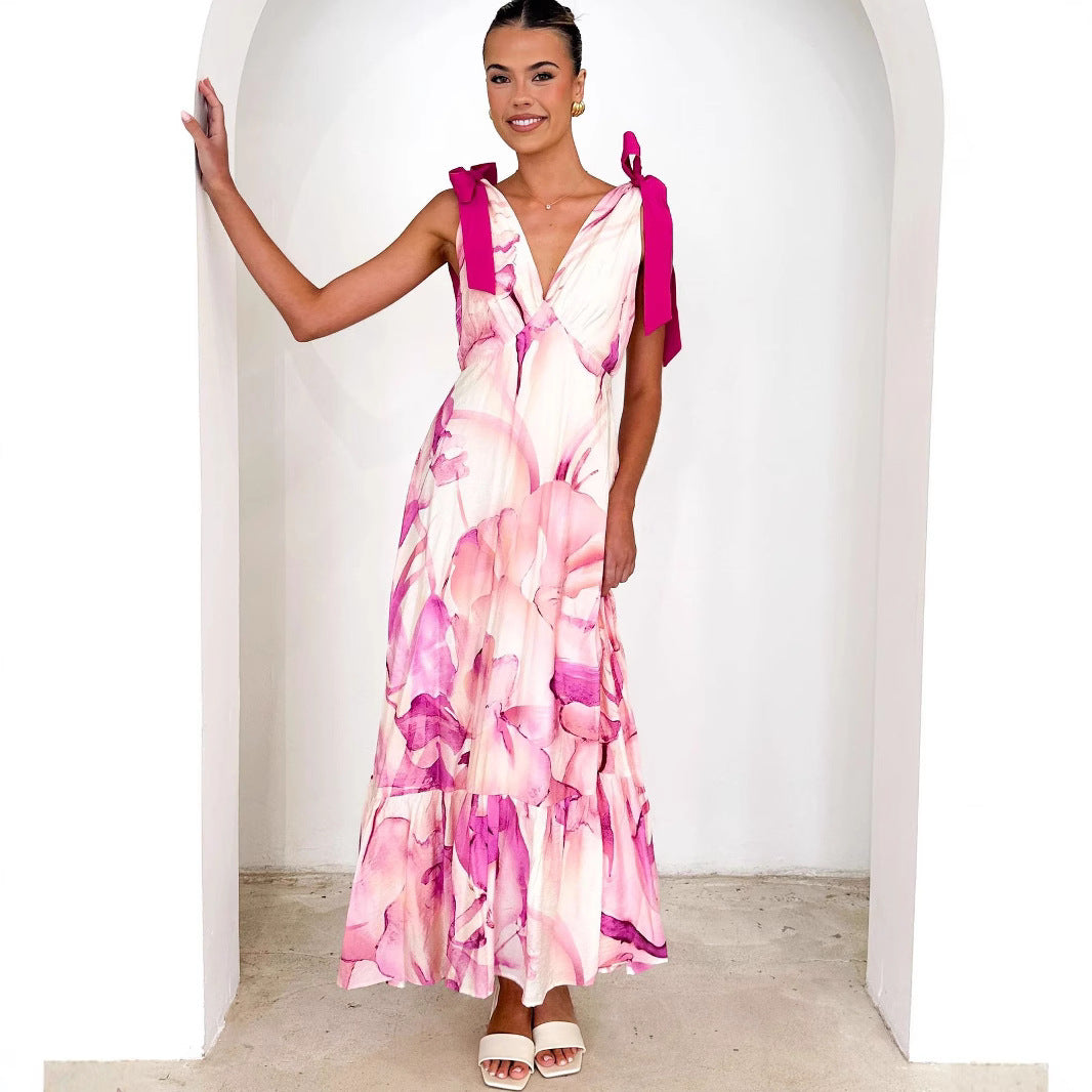 Maxi Dress V neck Sleeveless Printed Dress