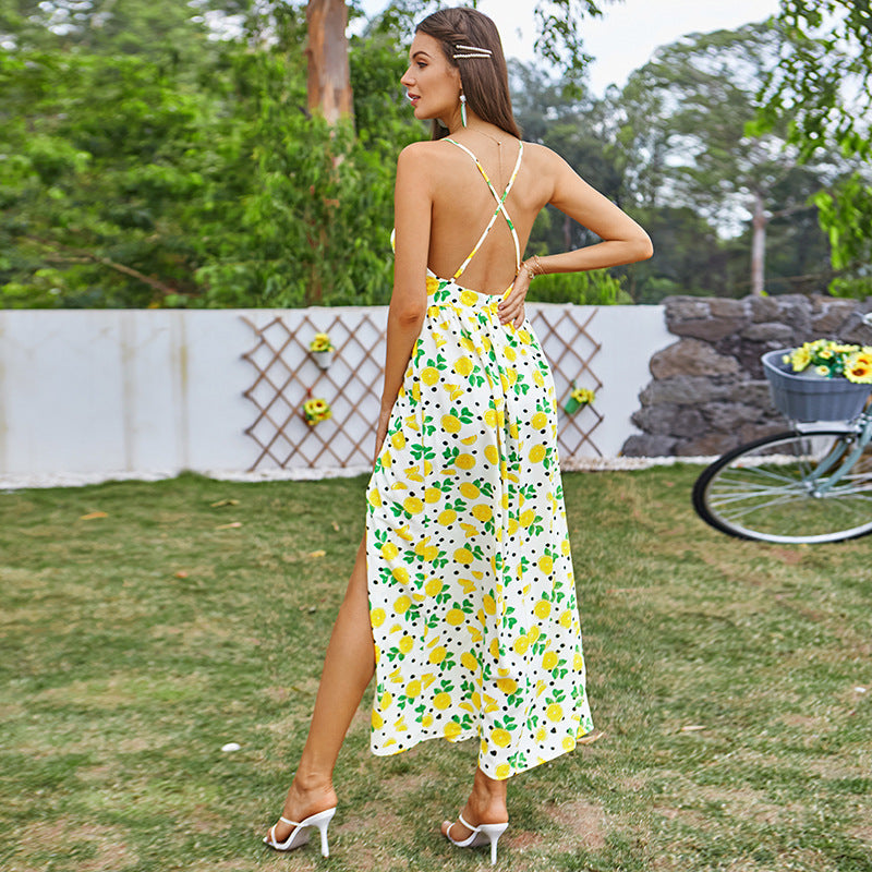 Floral Strap Dress Deep V Plunge High Slit Backless Maxi Dress Rural Sweet Vacation