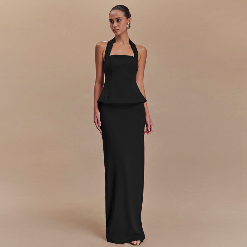 Solid Color Halter Top Backless Slim Fit Maxi Dress Two Piece Set