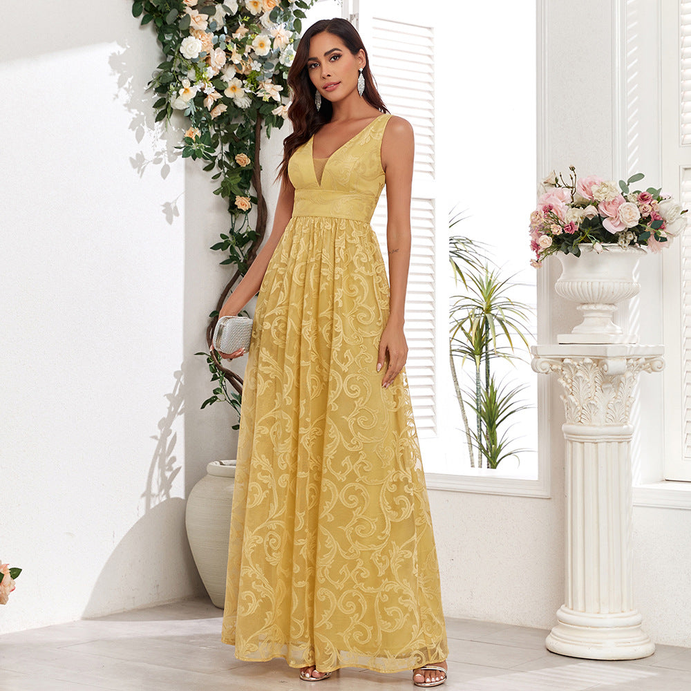 Sleeveless Pattern Lace Double V neck Elegant Evening Dress a Large Swing Back Zipper Full Lining Party Maxi Dress