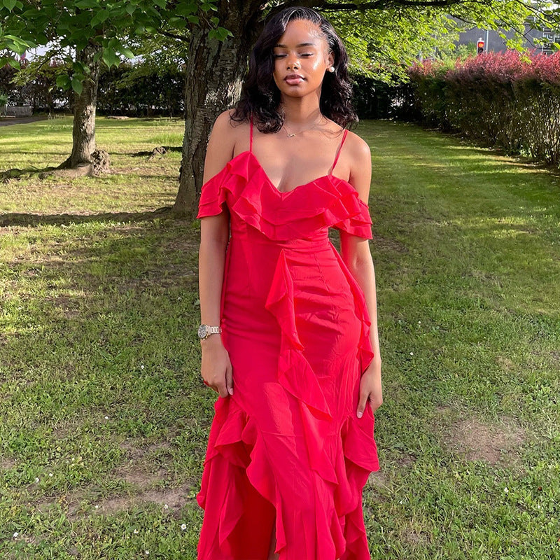 Solid Color Dress Spaghetti Straps Sleeveless Ruffled Irregular Asymmetric Maxi Dress