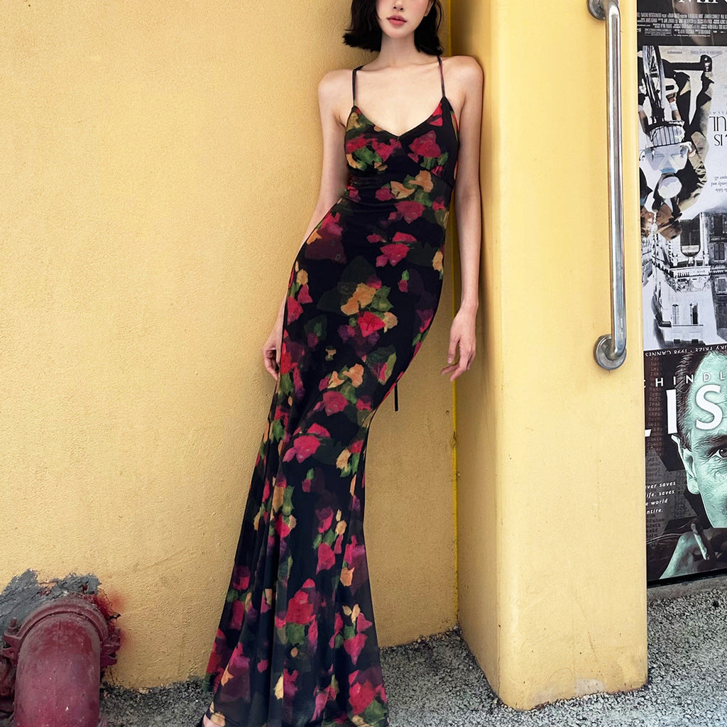Colorful floral pattern fitted fishtail maxi dress