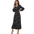 Fall Arrival V neck Small Floral Dress Long Sleeve Black Maxi Dress