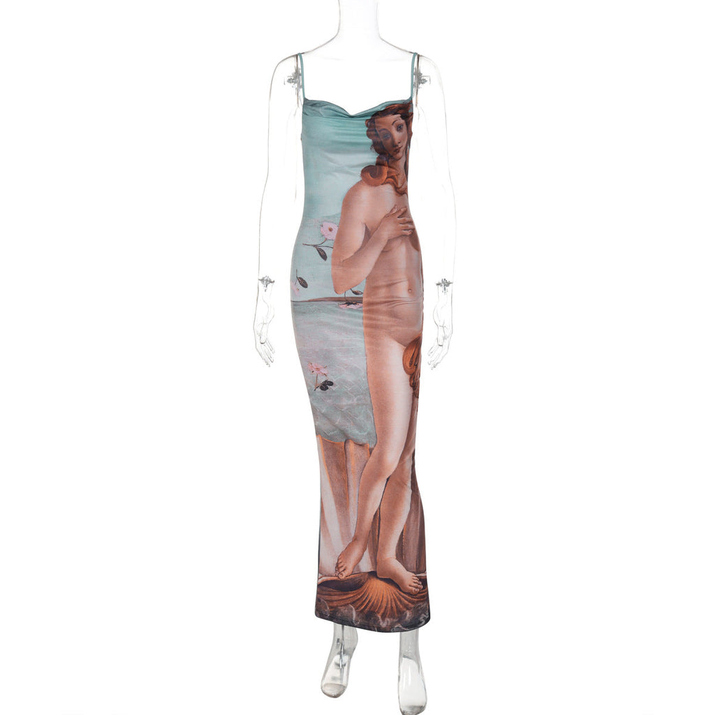 Figure Printed Sling Dress Sleeveless Split Slim Fit Maxi Dress