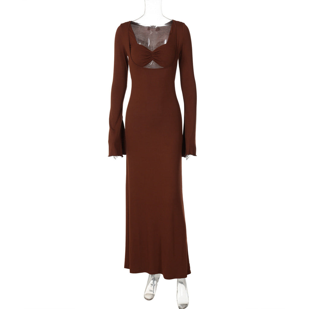 U Shaped Collar Minimalist Long Sleeve Waist Slimming Maxi Dress