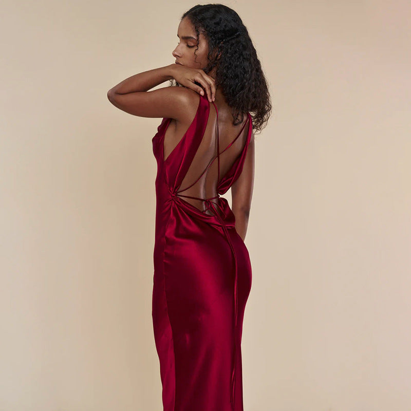 Cocktail Evening Dress Sling Swing Collar Dress Backless Lace Up Maxi Dress