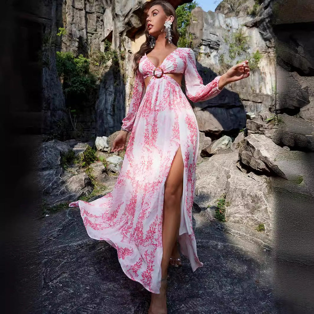 Chiffon Printed Long Sleeve Hollow Out Cutout Out Split Maxi Dress