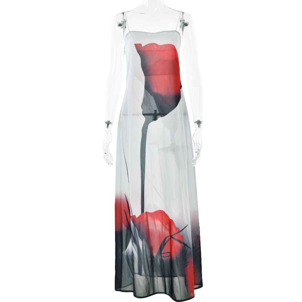 Printed See through Strap Dress off Neck Waist Maxi Dress
