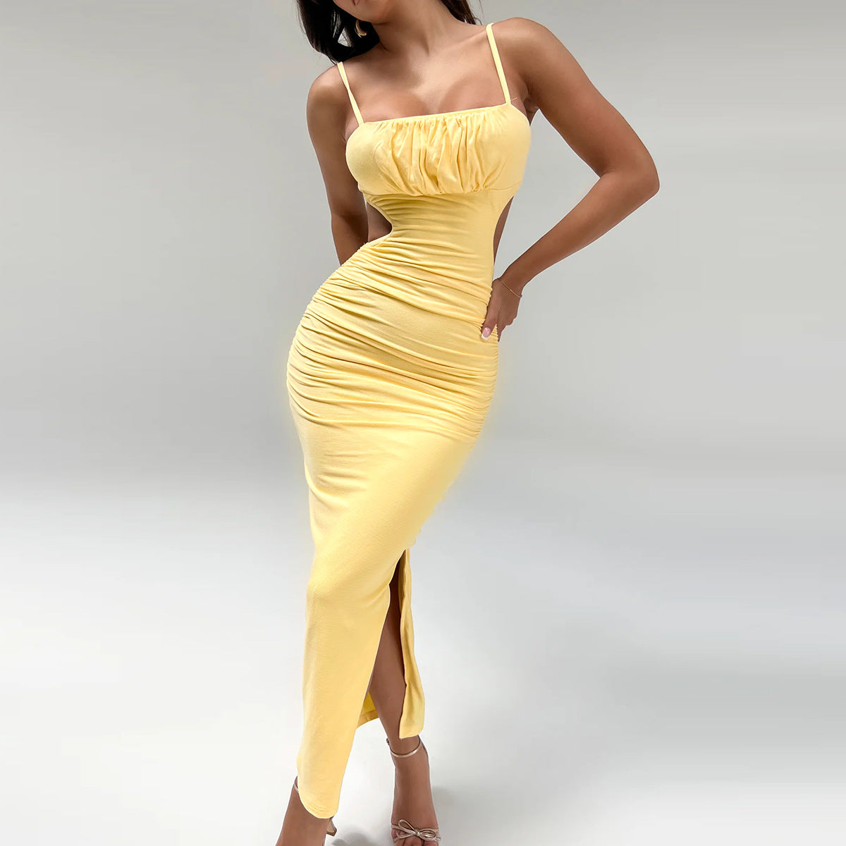 Cami Dress Backless Ruffle Hip Side Slit Maxi Dress