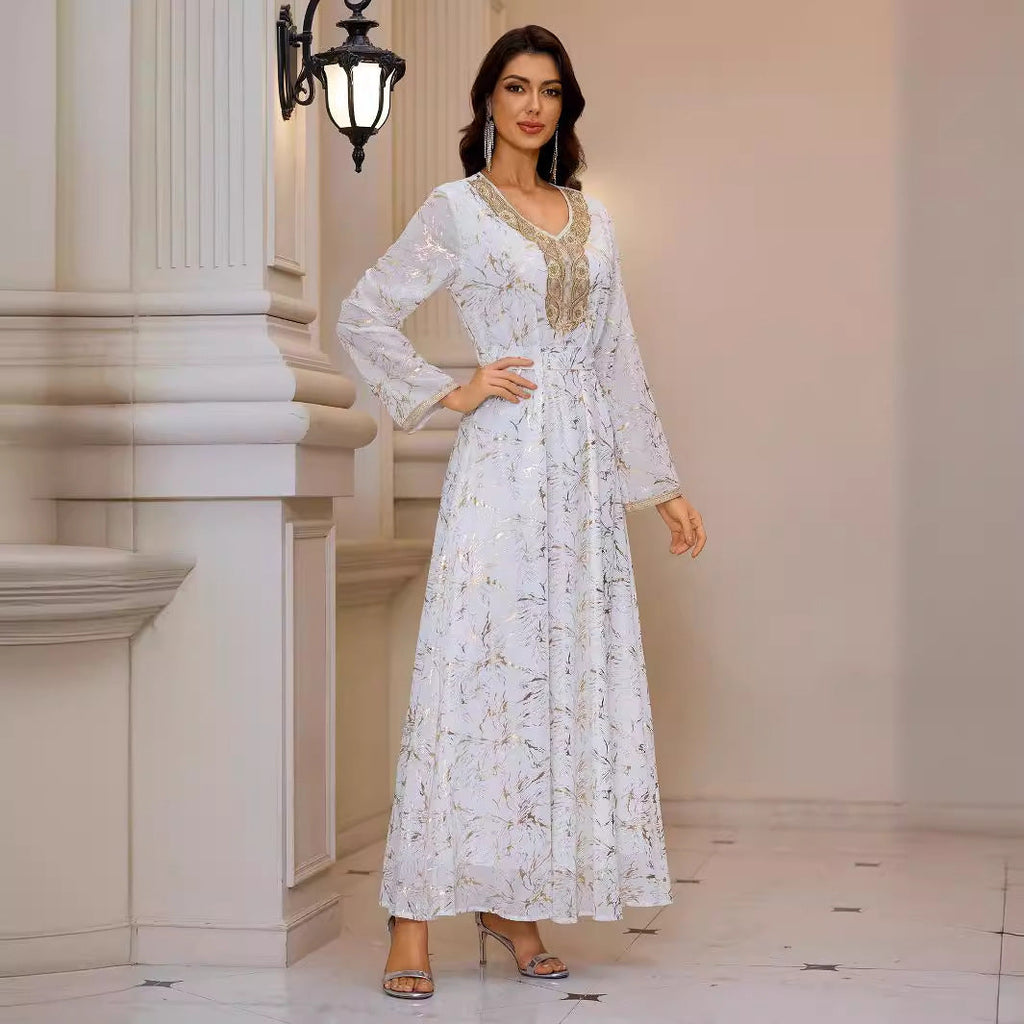 Gold Pattern Printed Maxi Dress Patchwork Knitted Belt Long Sleeve Dress