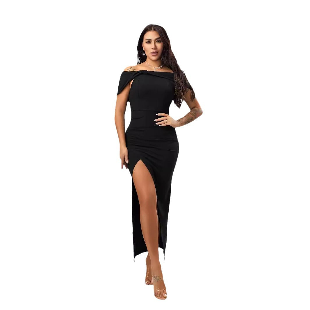 Maxi Dress Solid Color Off Neck Tight Slit Dress