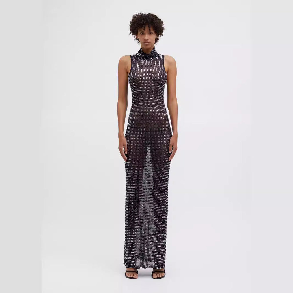 Sheer Cutout Maxi Dress Mesh Rhinestone Sleeveless Maxi