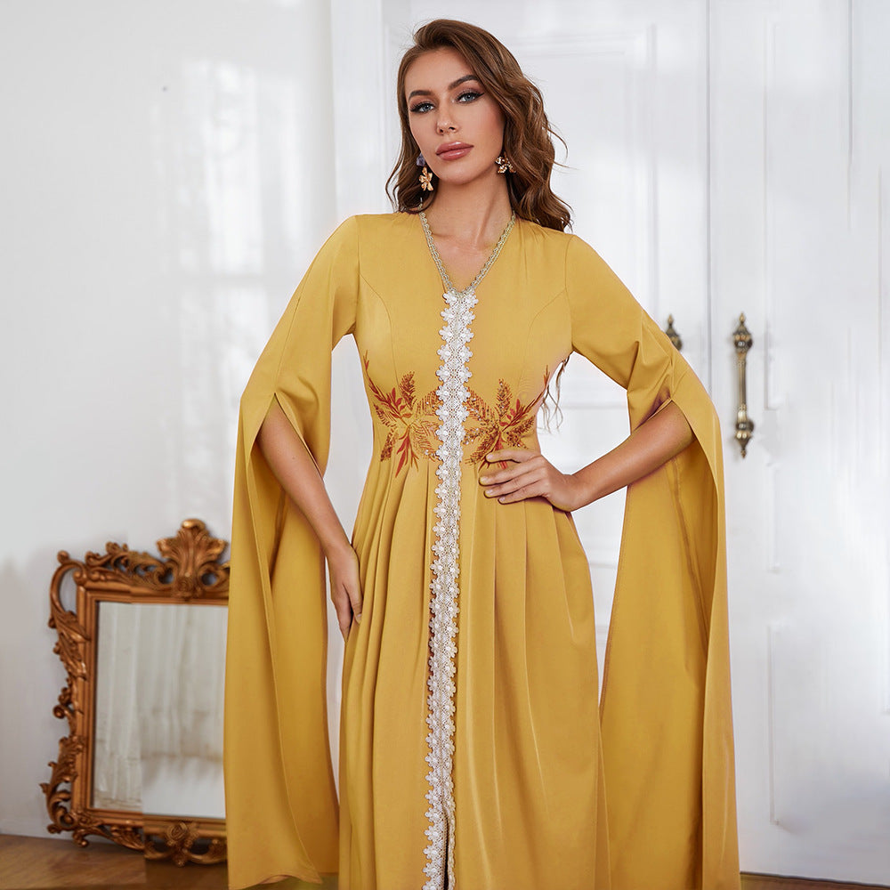 Dress  V neck Embroidery Irregular Asymmetric Maxi Dress