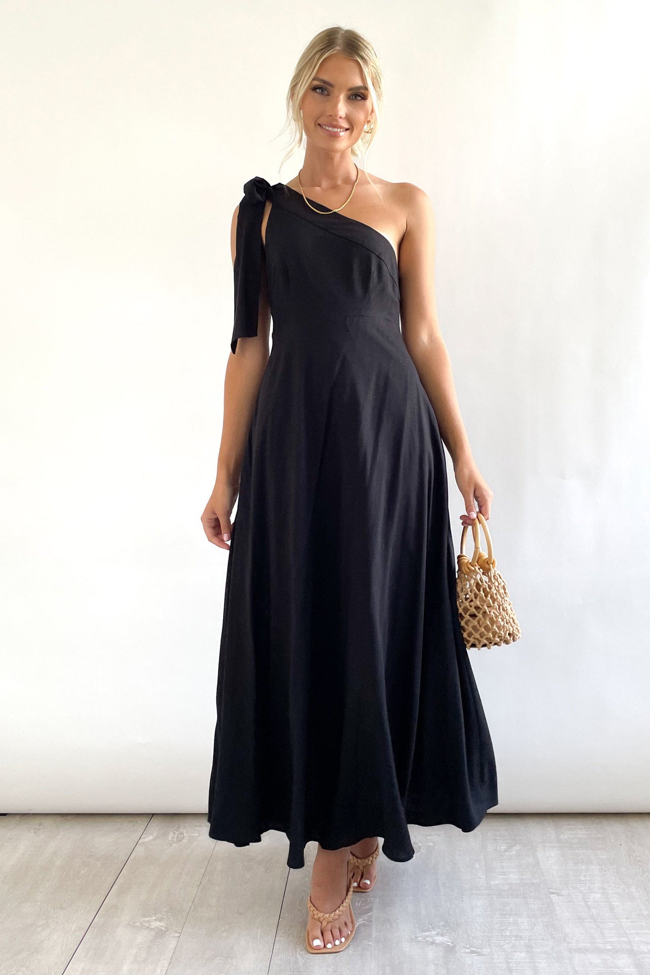 Maxi Dress Solid Color Shoulder Lace Up Large Swing