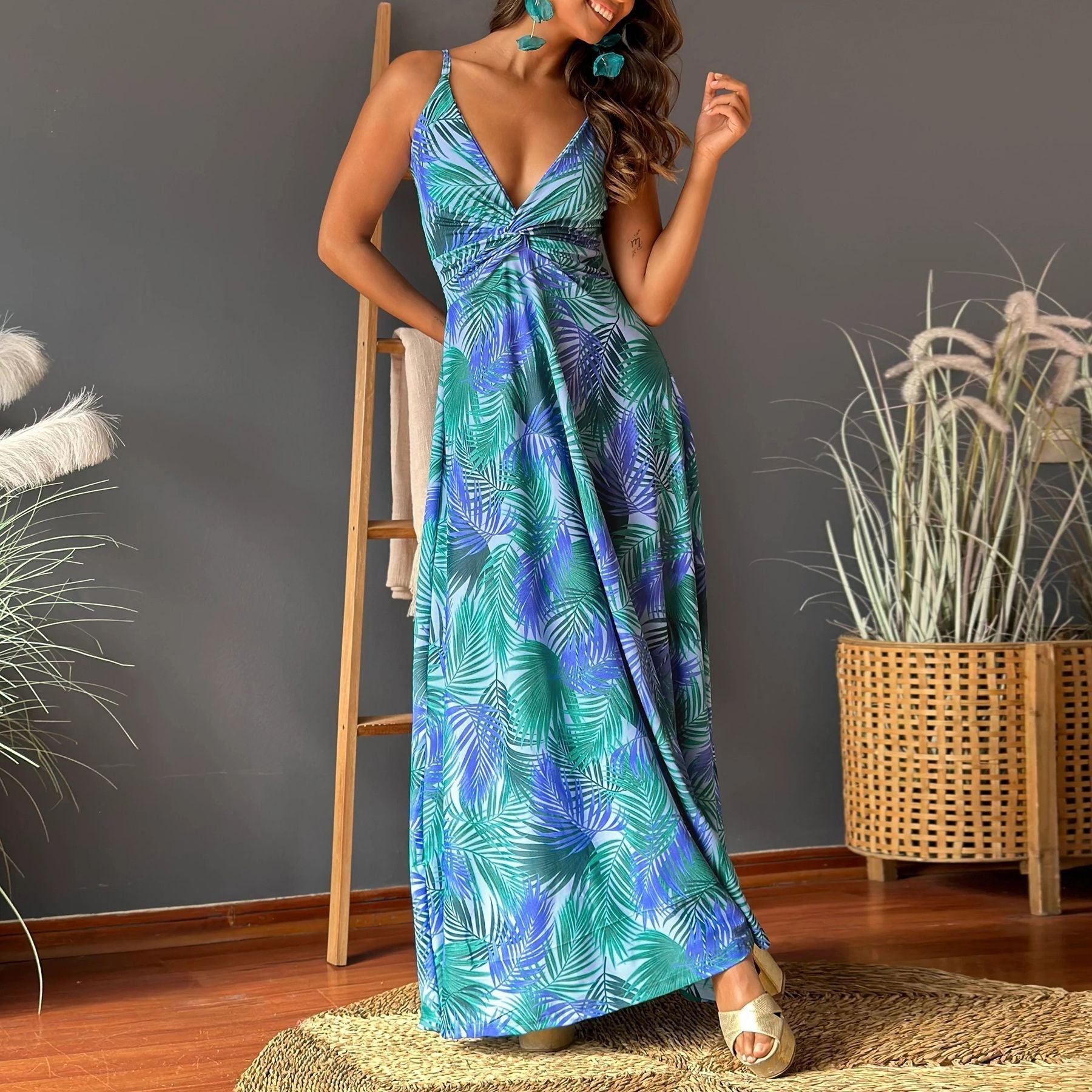 Wear V Neck Brace Printing Elegant A Swing Maxi Dress