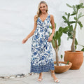 V Neck Slim Fit Elegant Dress Floral Dress Retro Printed Maxi Dress