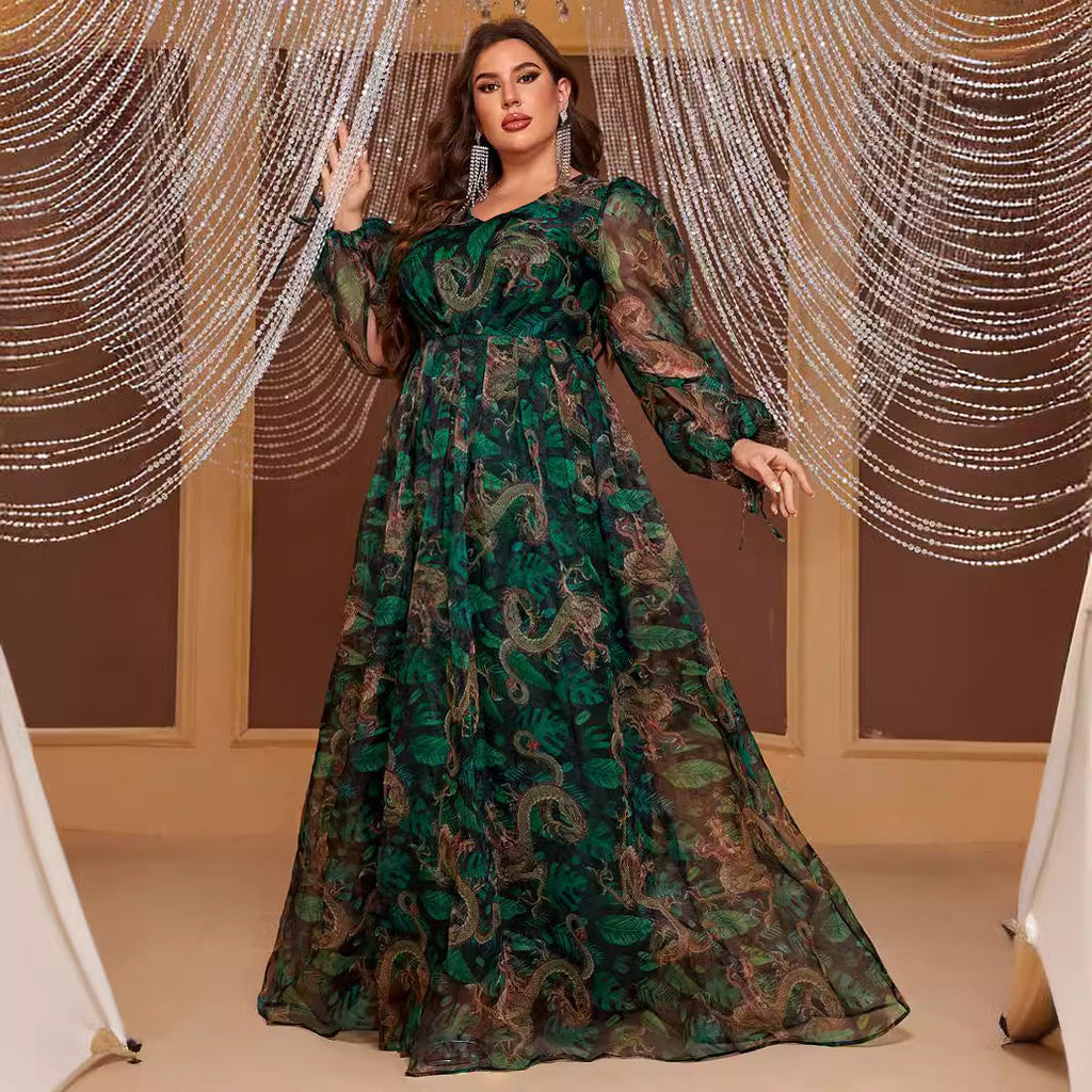 Plus Size Chiffon Maxi Dress Long Sleeve Elegant Random Print Maxi Dress for
