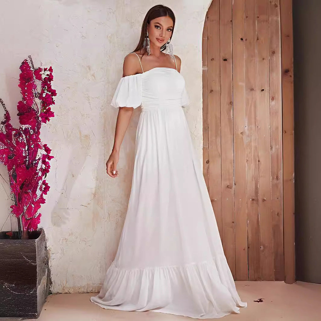 Off Shoulder White Maxi Dress Short Sleeve Prom Evening Dress Long Casual Holiday Dress