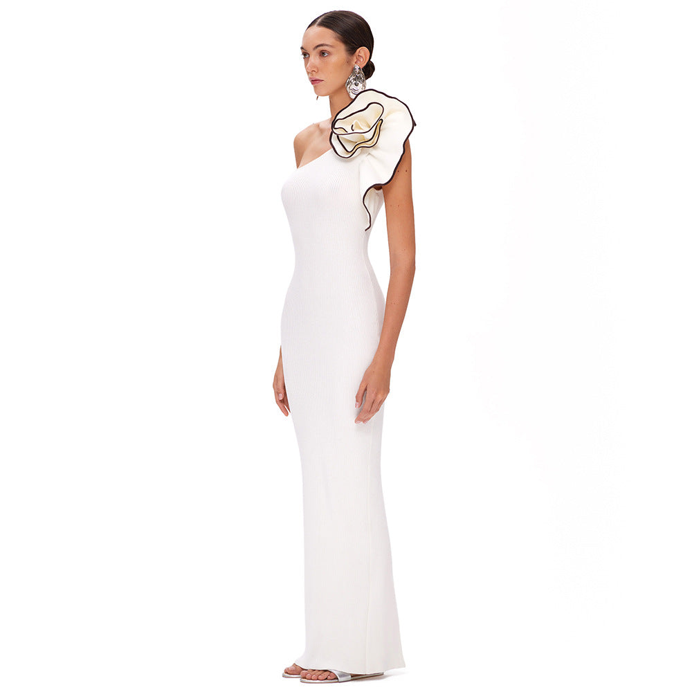 White One Shoulder Floral Black Hook Slim Fit Maxi Dress Backless Dress Bandage Elastic Dress
