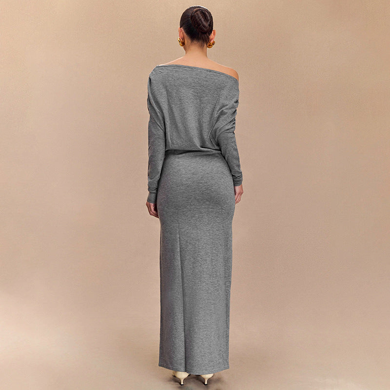 Solid Color Diagonal Collar Drop Shoulder Long Sleeve Waist Tight Maxi Dress