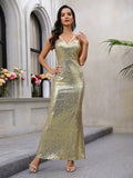 Sequined Suspender Maxi Dress Backless Waist Trimming Dress Small Dress