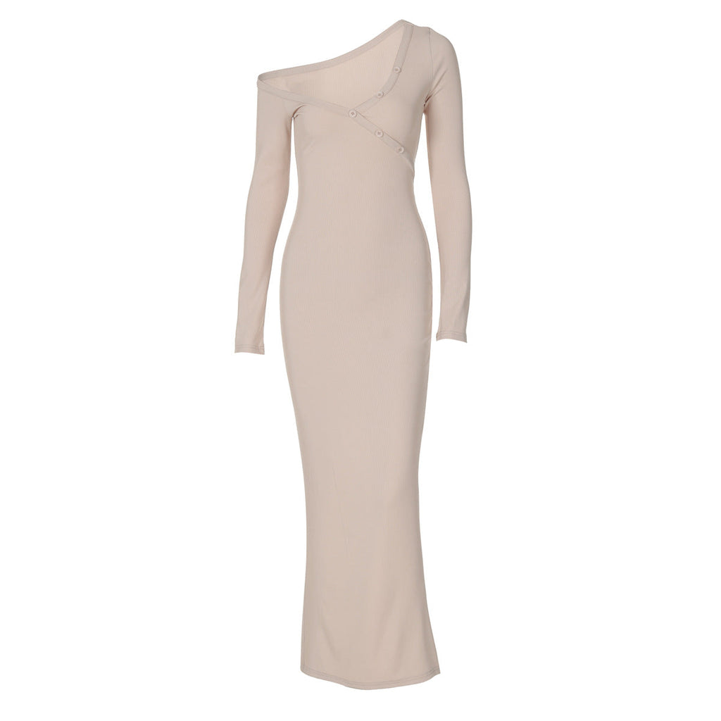 Solid Color Irregular Asymmetric Shoulder Back Slit Maxi Dress