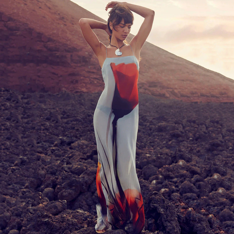 Printed See through Strap Dress off Neck Waist Maxi Dress