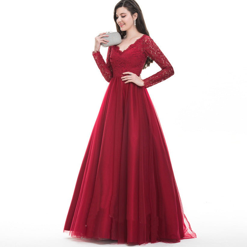 Mesh Lace Long Sleeve Wedding Bridal Gown Dress Evening Maxi Dress