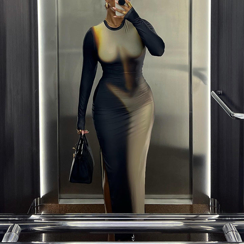 round Neck Long Sleeved Dress Tight Split Maxi Dress