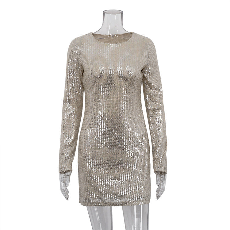 Fashionable Sequ Hip Dress Nightclub Party Long Sleeve Mini Dress for