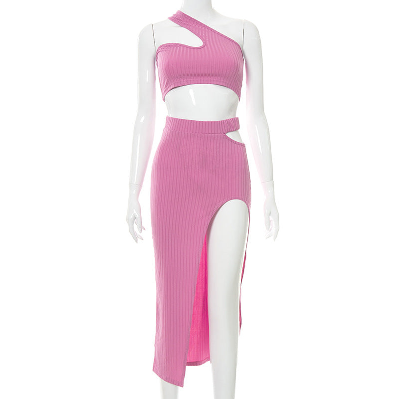 Solid Color Thread One-Piece Cropped Hollow-out Split Maxi Dress