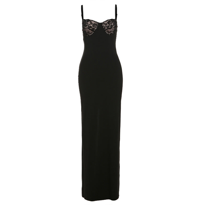 French Lace Splicing Sling Maxi Dress Slim